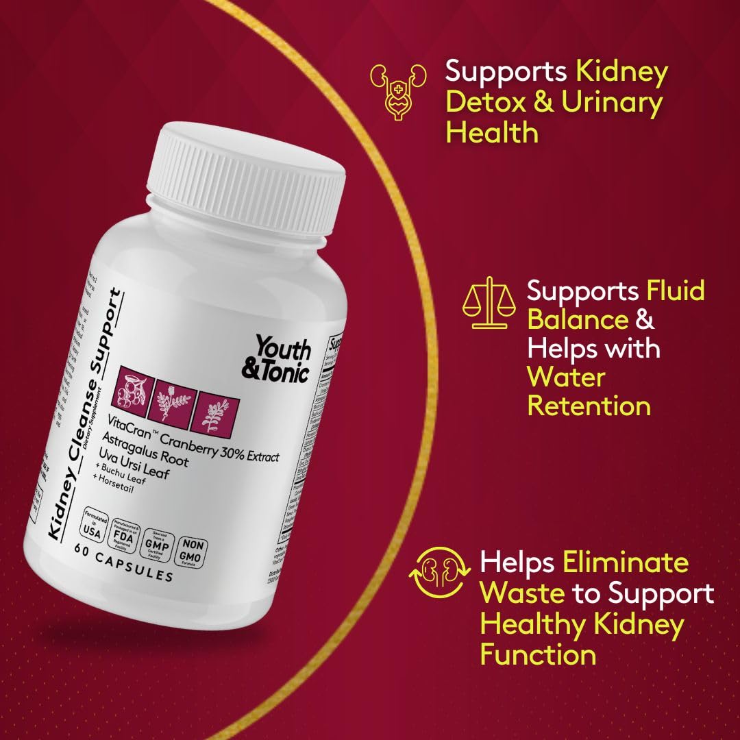 Youth & Tonic Kidney Support Supplement Cleanse Detox Cranberry Extract Capsules, 60 Count