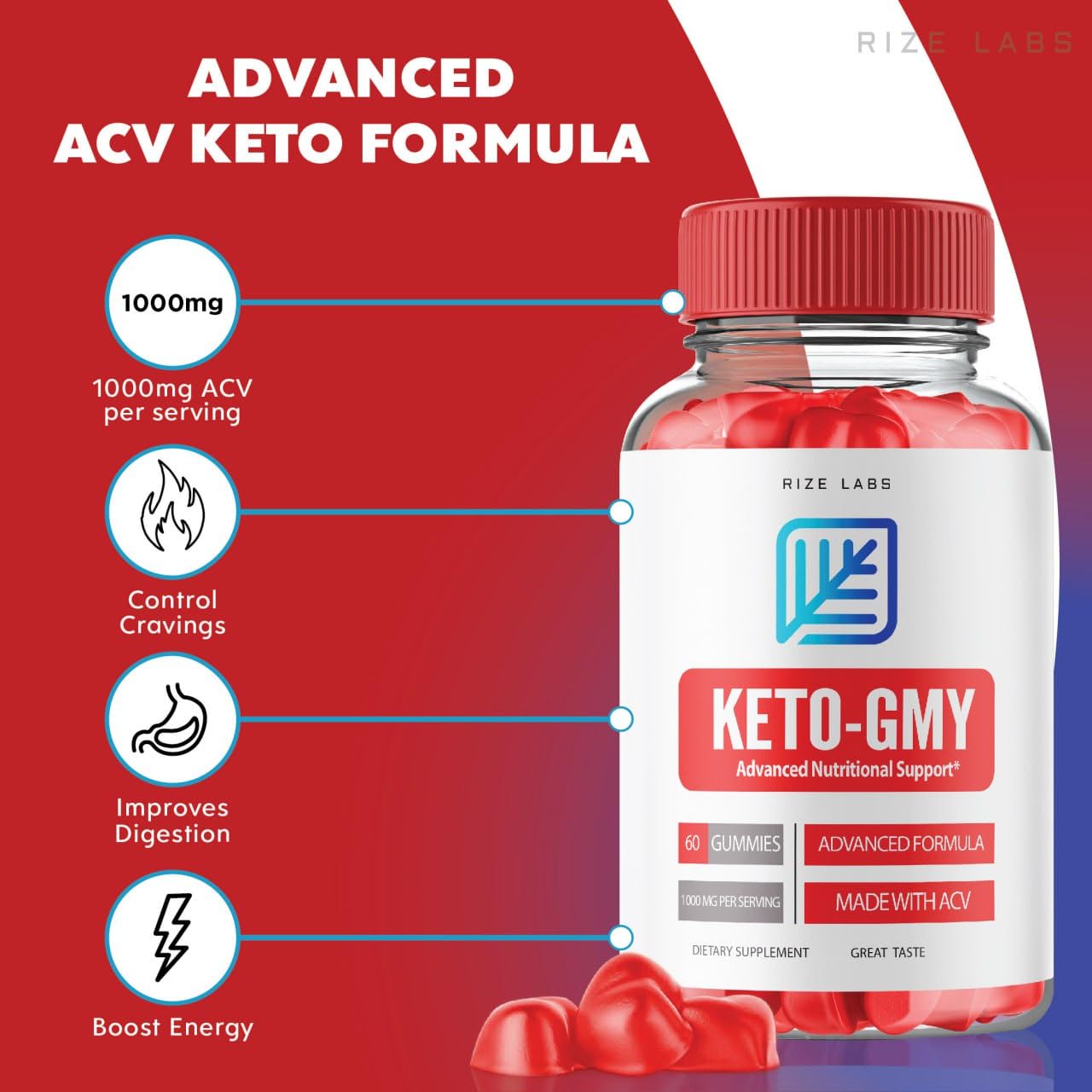 Rize Labs Keto-GMY Gummies for Weight Loss, Advanced Nutritional Support, Helps to Reduce Belly Fat, Vegan, 60 Gummies