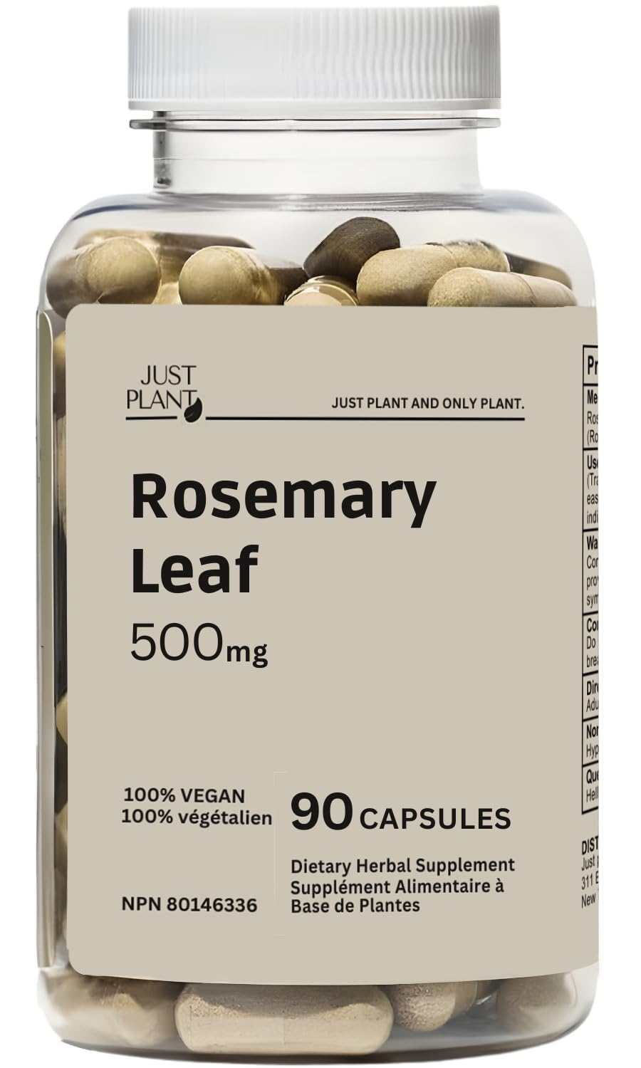 Just Plant Organic Rosemary Leaf Capsules 500mg, 90 Count