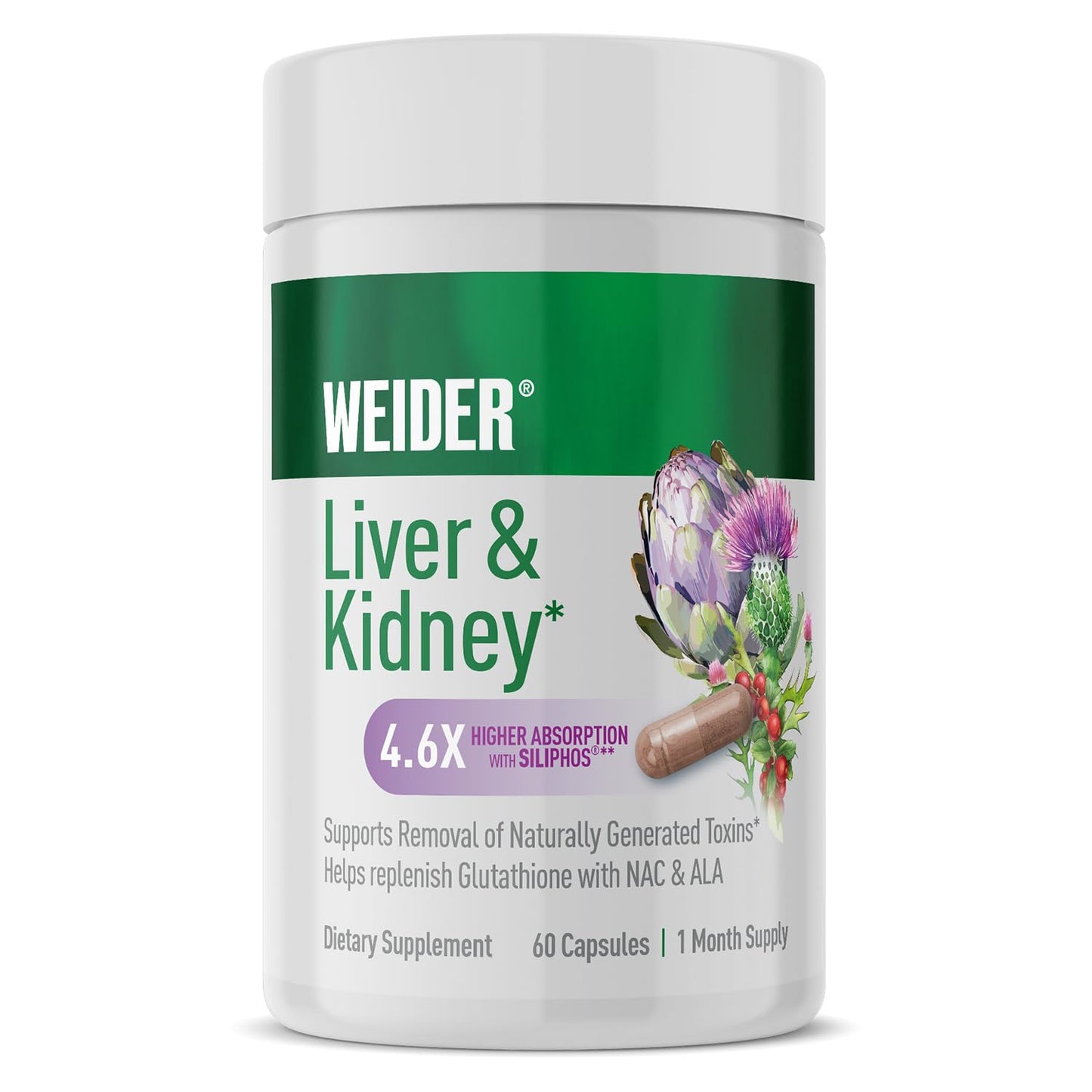 Weider Liver & Kidney Support - Antioxidant Complex with Milk Thistle Extract, NAC & Alpha Lipoic Acid - Daily Liver & Kidney Supplement for Cellular Health Support, 60 Veggie Capsules