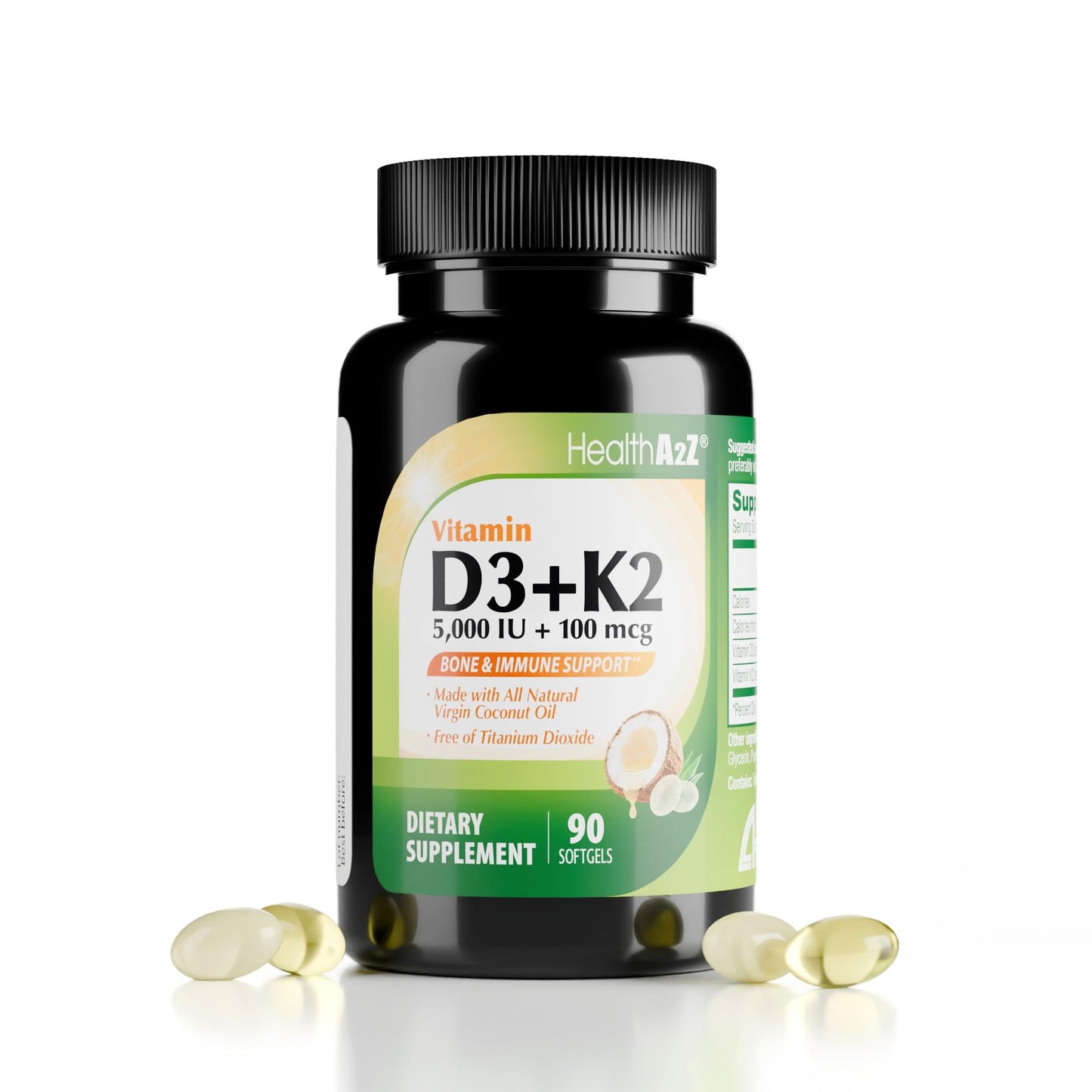 HealthA2Z Vitamin D3 + K2 Softgels, 90 Count