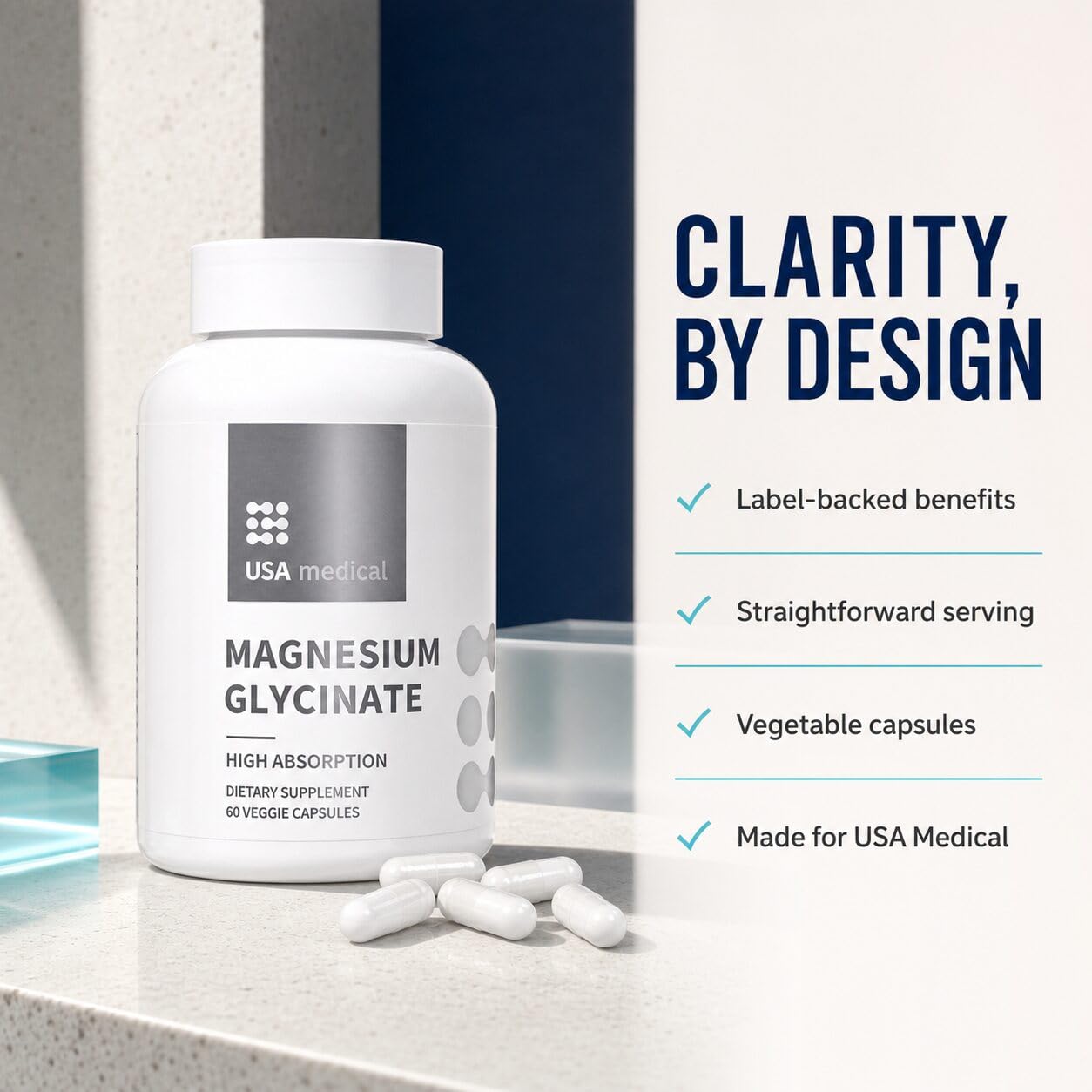 USA Medical Magnesium Glycinate 350 mg Vegetable Capsule, 60 Count