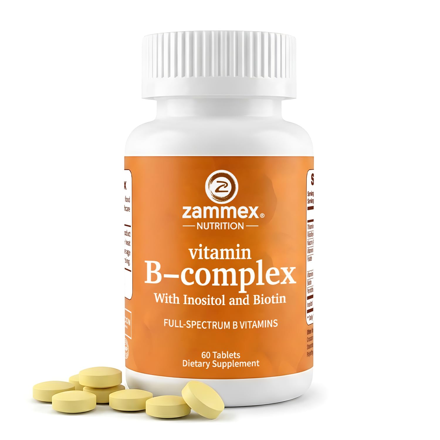 Zammex Vitamin B Complex with Inositol and Biotin – Full Spectrum B Vitamins B1 B2 B3 B6 B12, Non-GMO, Vegan-Friendly – 60 Tablets