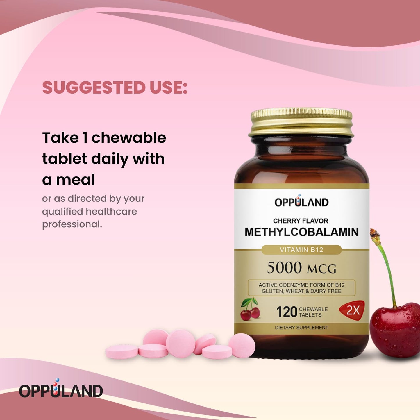 oppuland Methyl B-12 5000mcg Chewable with Folate - Vitamin B12 Methylcobalamin Tablets, 120 Count