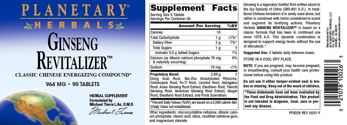 Planetary Herbals Ginseng Revitalizer Classic Chinese Energizing Compound, 964 mg, 90 Tablets