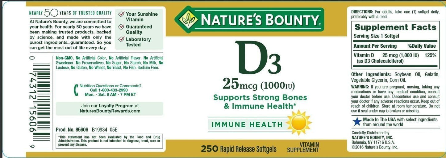 Nature's Bounty Vitamin D3 1000 IU Softgel 500 Count