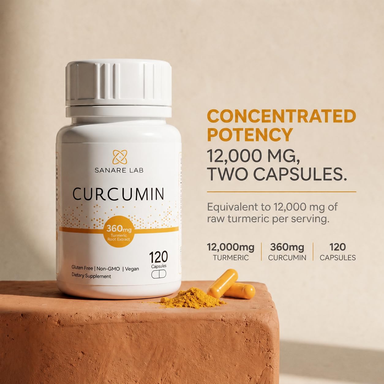 Sanare Lab Curcumin Turmeric 360 mg per Serving, Capsules, 120 Count with Black Pepper & Phytosome Extract, Joint & Cellular Support