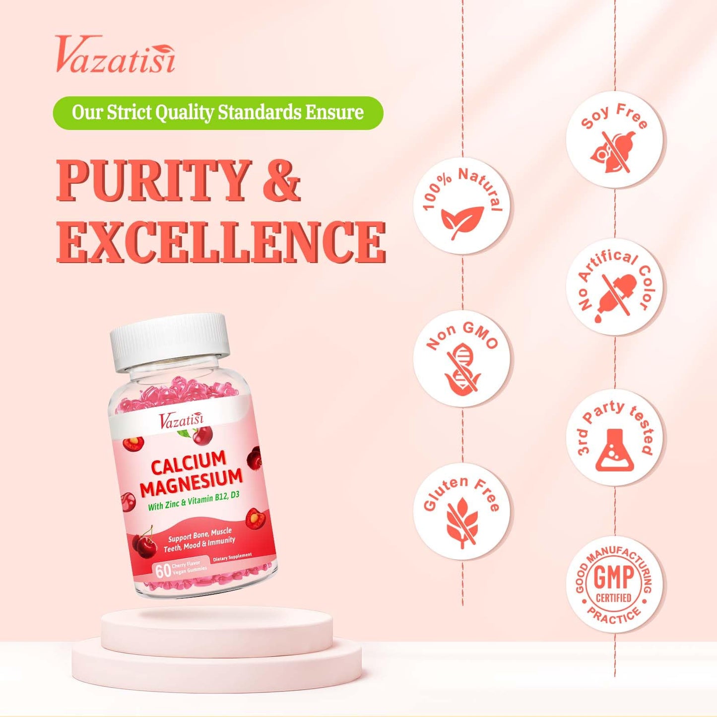 Vazatisi Calcium Magnesium Zinc Gummies with Vitamin D3 & B12, 2:1 Ratio, Vegan Cherry Flavor, 60 Count