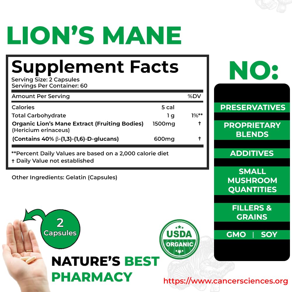 CANCER SCIENCES HEALTHY LIVING Organic Lions Mane Mushroom Supplement Capsule 120 Count