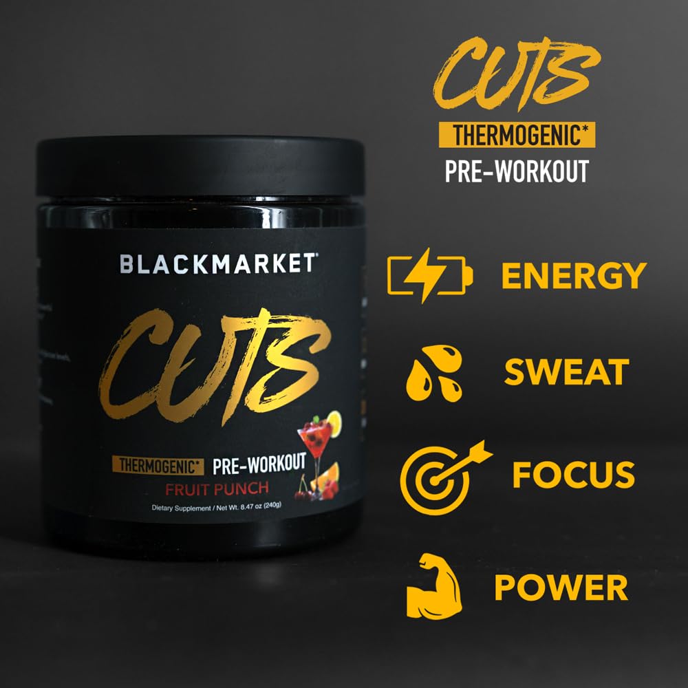 BLACKMARKET CUTS Pre Workout Powder – Thermogenic Energy & Focus for Men & Women, Fat Metabolism, Muscle Definition, Creatine Free, 8.47 Ounce