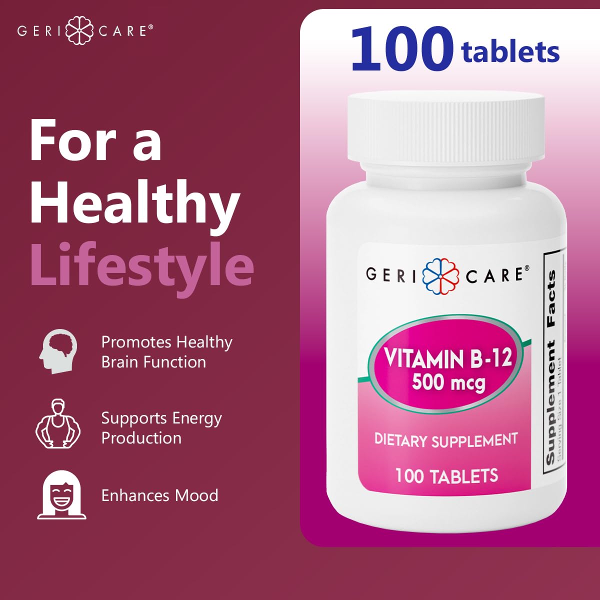 GeriCare Vitamin B-12 500mcg Tablets, 100 Count