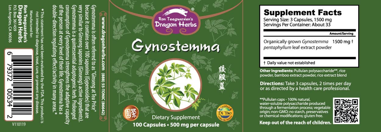 Dragon Herbs Gynostemma 500 mg Capsules, 100 Count