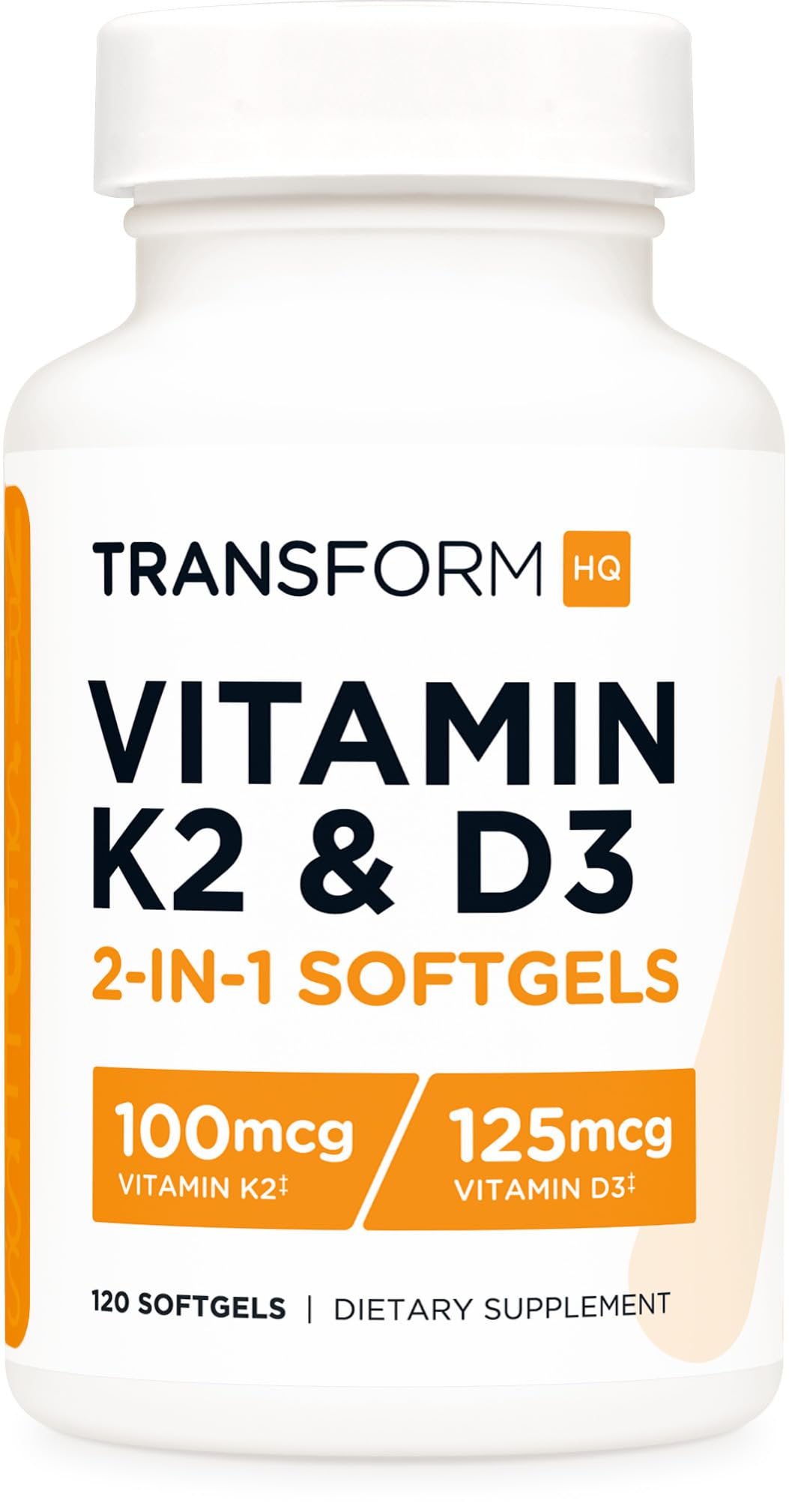 TransformHQ Vitamin K2 (MK7) 100mcg + Vitamin D3 5000 IU Softgels, 120 Count