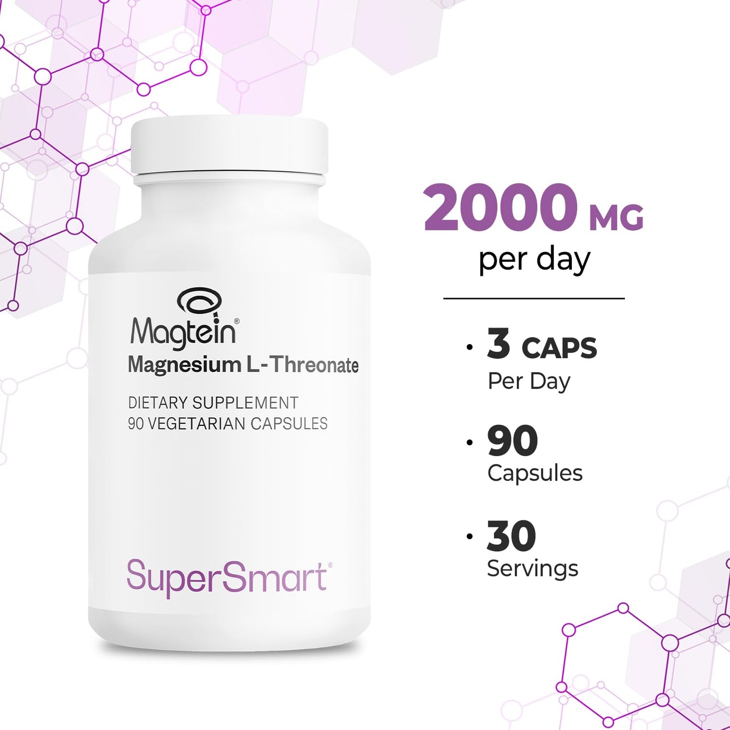 Supersmart Magnesium L-Threonate 2000mg per Day (Patented Magtein) Capsule, 120 Count