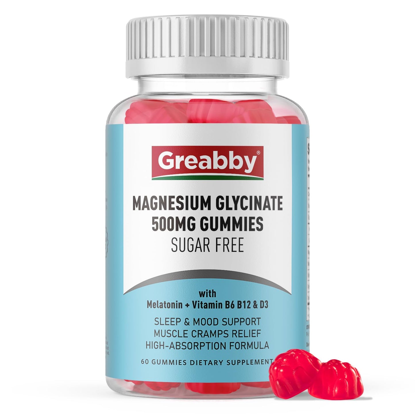 GREABBY Magnesium Glycinate Gummies 500mg for Adults Sleep, 60 Count