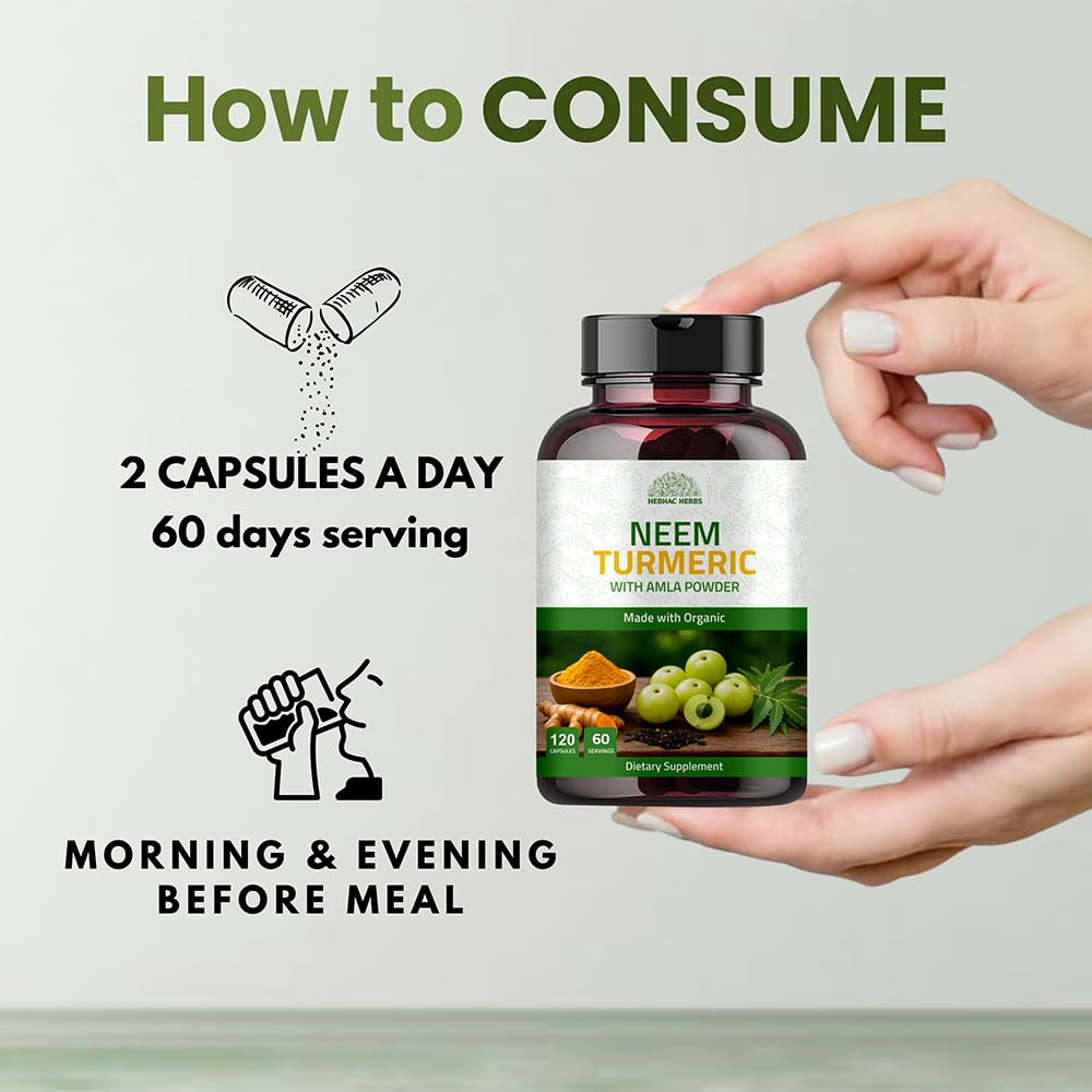 Hebhac Herbs Neem Turmeric Capsules with Amla and Black Pepper 120 Capsules