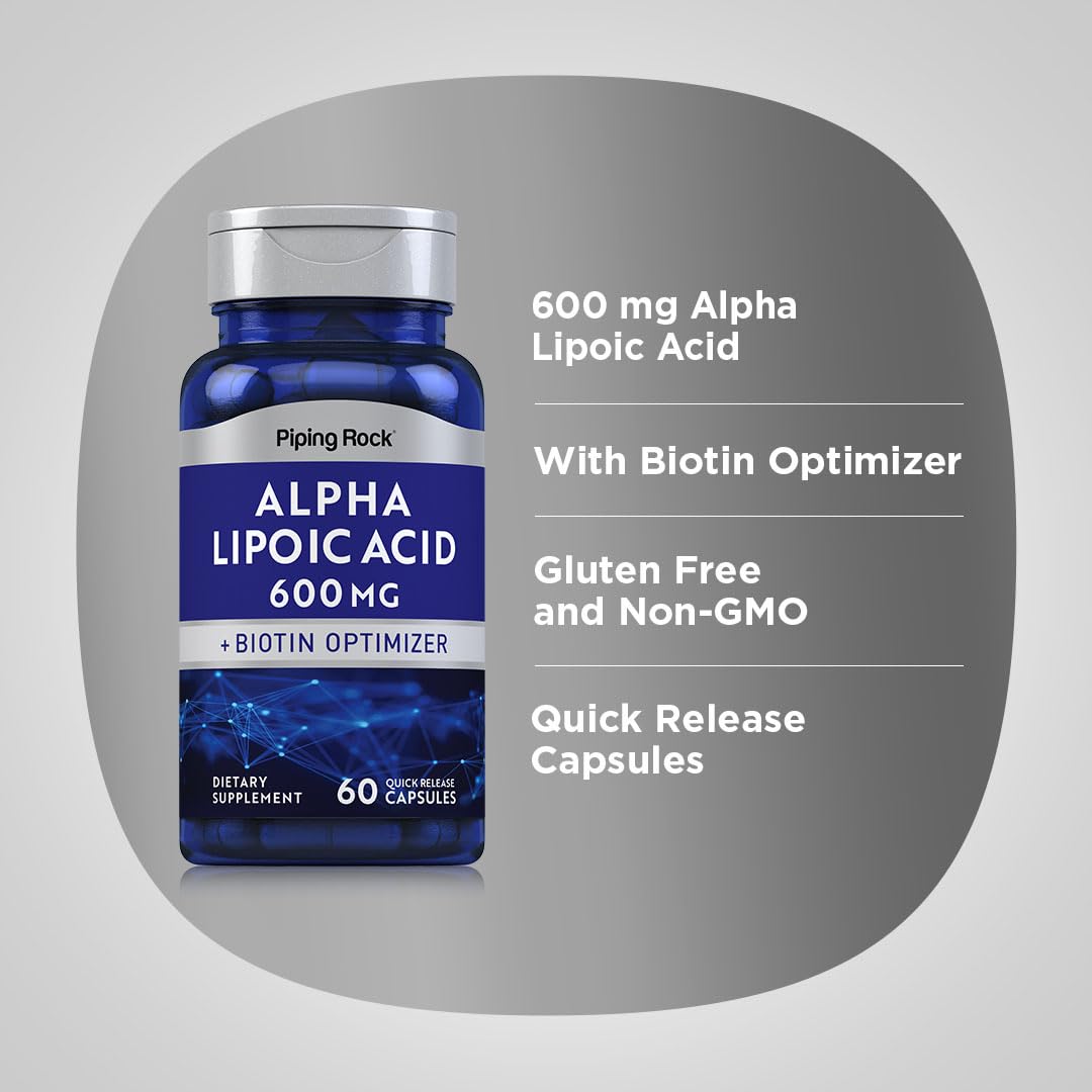 Piping Rock Alpha Lipoic Acid 600mg ALA with Biotin Optimizer Capsule, 60 Count