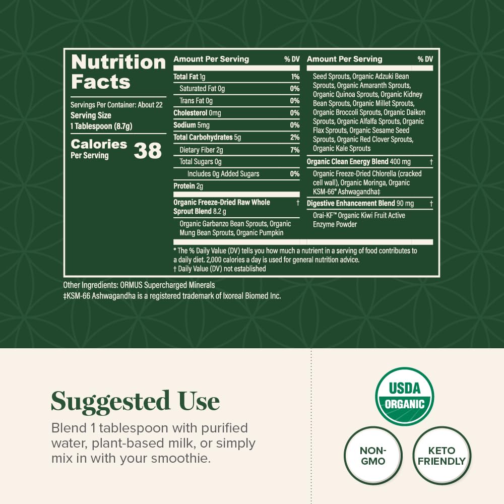 Global Healing Center Organic Super Greens Powder Blend - Greens Superfood Powder with 15 Raw Whole Sprouts, 9.5 Ounce