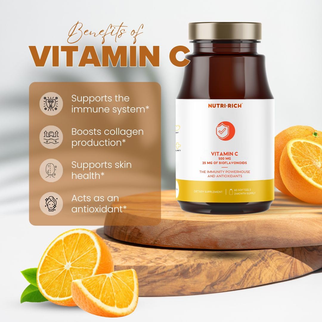 Nutri-Rich Vitamin C Supplement 500mg with 25mg Bioflavonoids, 60 Softgels
