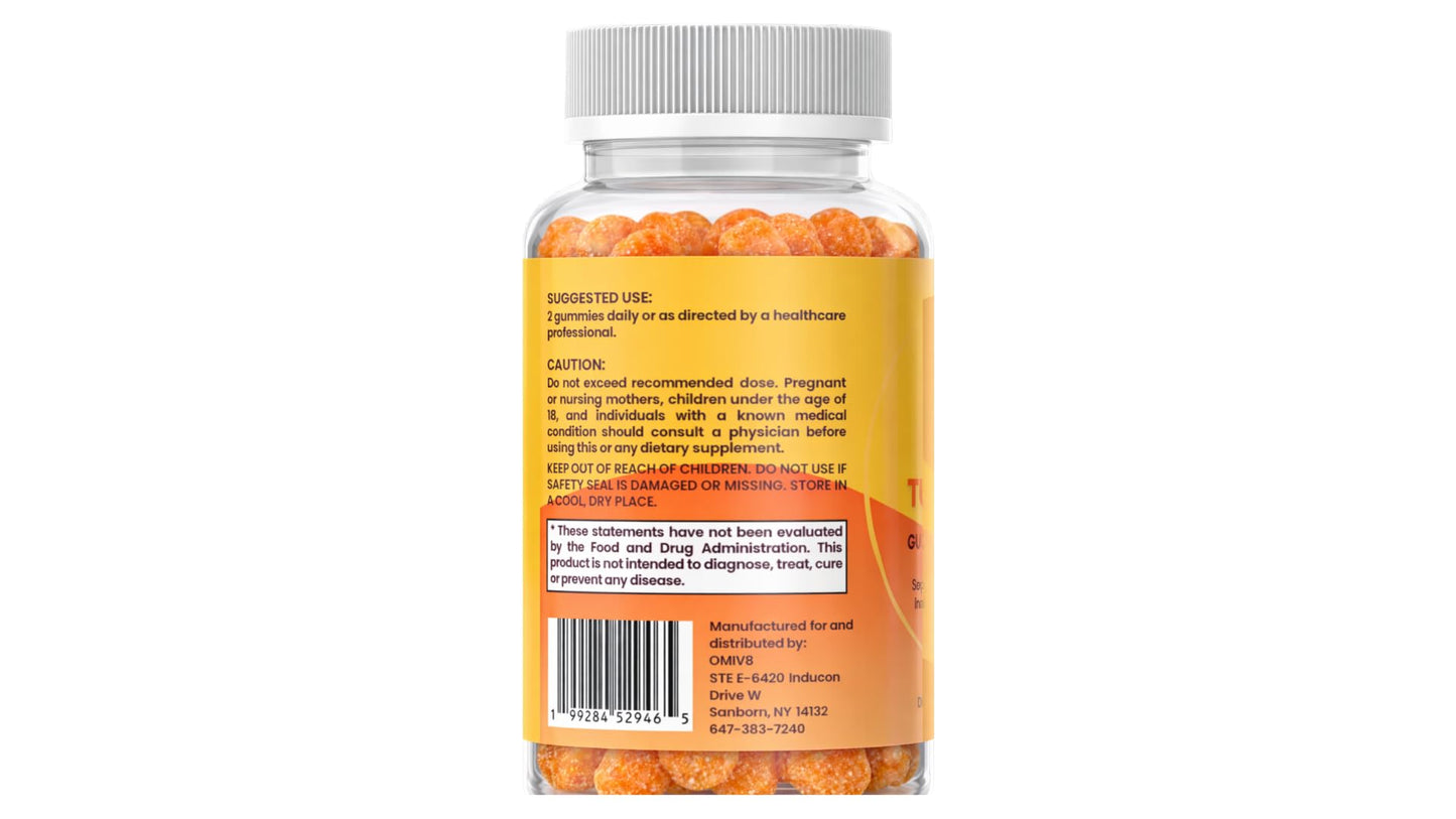 OMIV8 Turmeric Gummies with Ginger & Black Pepper – 250 mg Curcumin Extract for Joint Support & Digestion – Peach Flavor, 60 Gummies