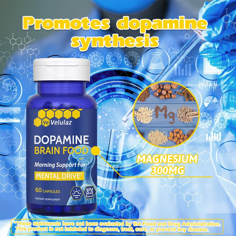 Velulaz Dopamine Brain Nutritional Supplement with Magnesium Complex for Concentration, Morning Mental Drive & Focus, Allergen-Free Mental Clarity, 60 Capsules