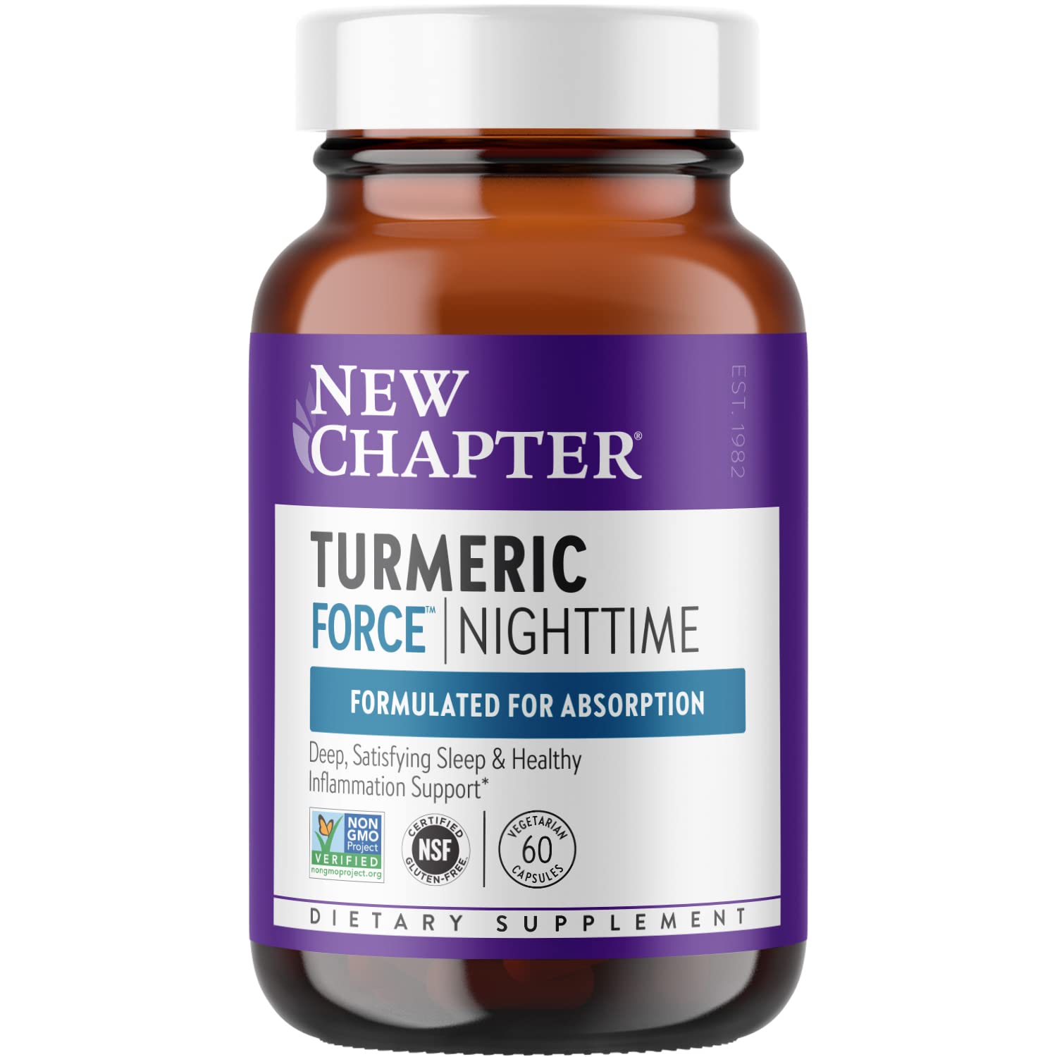New Chapter Turmeric Supplement + Sleep Aid - Turmeric Force Nighttime for Sleep Support with Valerian Root + Ginger, Non-GMO Ingredients, 60 Vegetarian Capsules