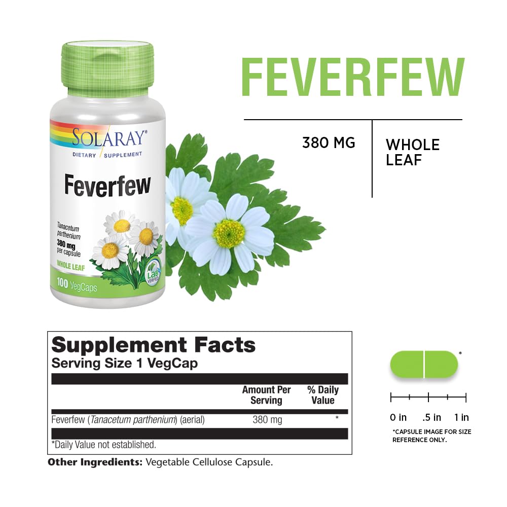 SOLARAY Feverfew Leaf 380 mg Capsules, 100 Count