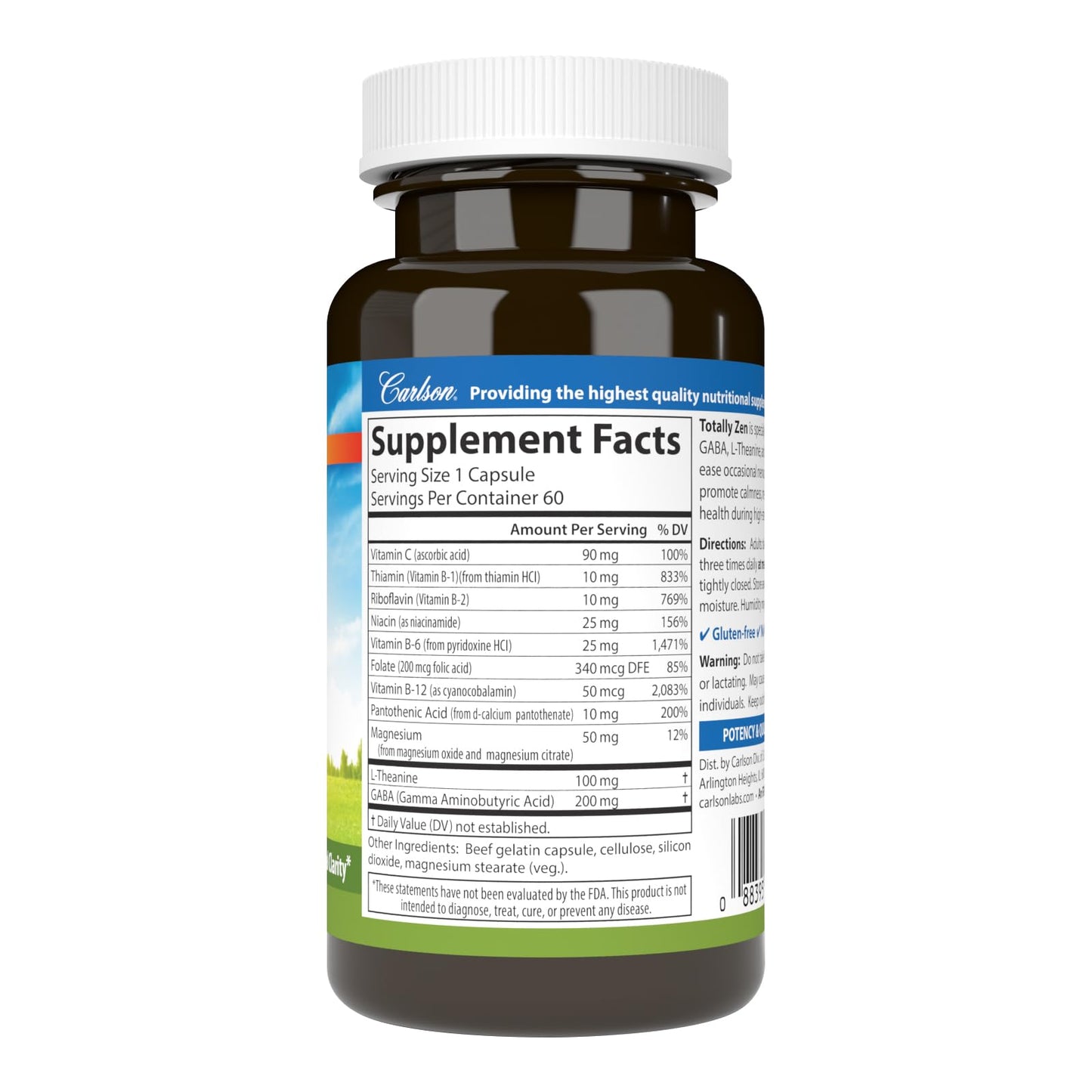 Carlson Totally Zen GABA L-Theanine & B Vitamins, Healthy Mood, Promotes Calmness & Mental Clarity, 60 Capsules