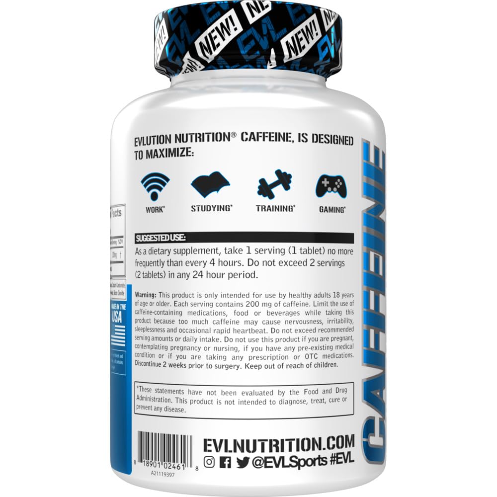 Evlution Caffeine 200mg Energy & Focus Dietary Supplement Tablets 100