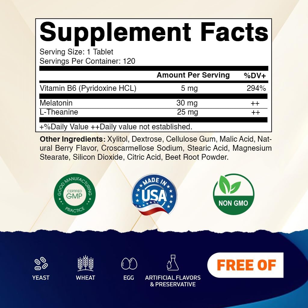 Vitamatic Melatonin 30 mg with B6 & L-Theanine Fast Dissolve Tablets - 120 Count