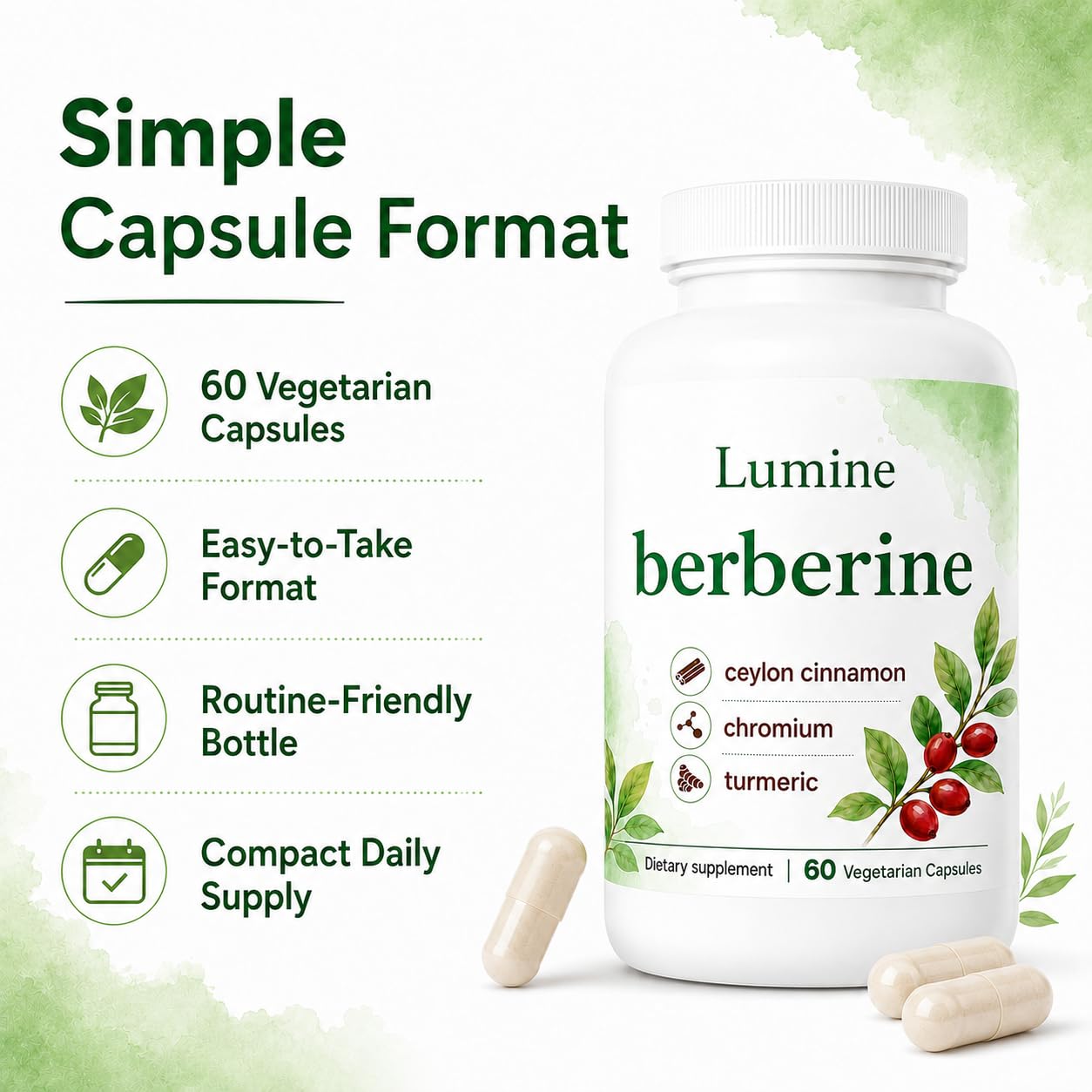 LUMINE Organics Berberine, Ceylon Cinnamon, Turmeric Capsules, 60 Count