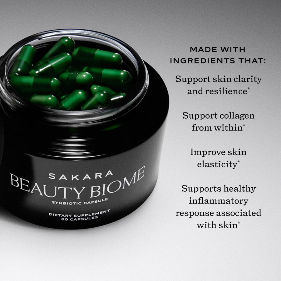 SAKARA Beauty Biome Daily Synbiotic Supplement for Skin + Gut Health with Probiotic, Dermaval, Vitamins A, D, E, Antioxidants, Prebiotics & Enzymes Capsules 60