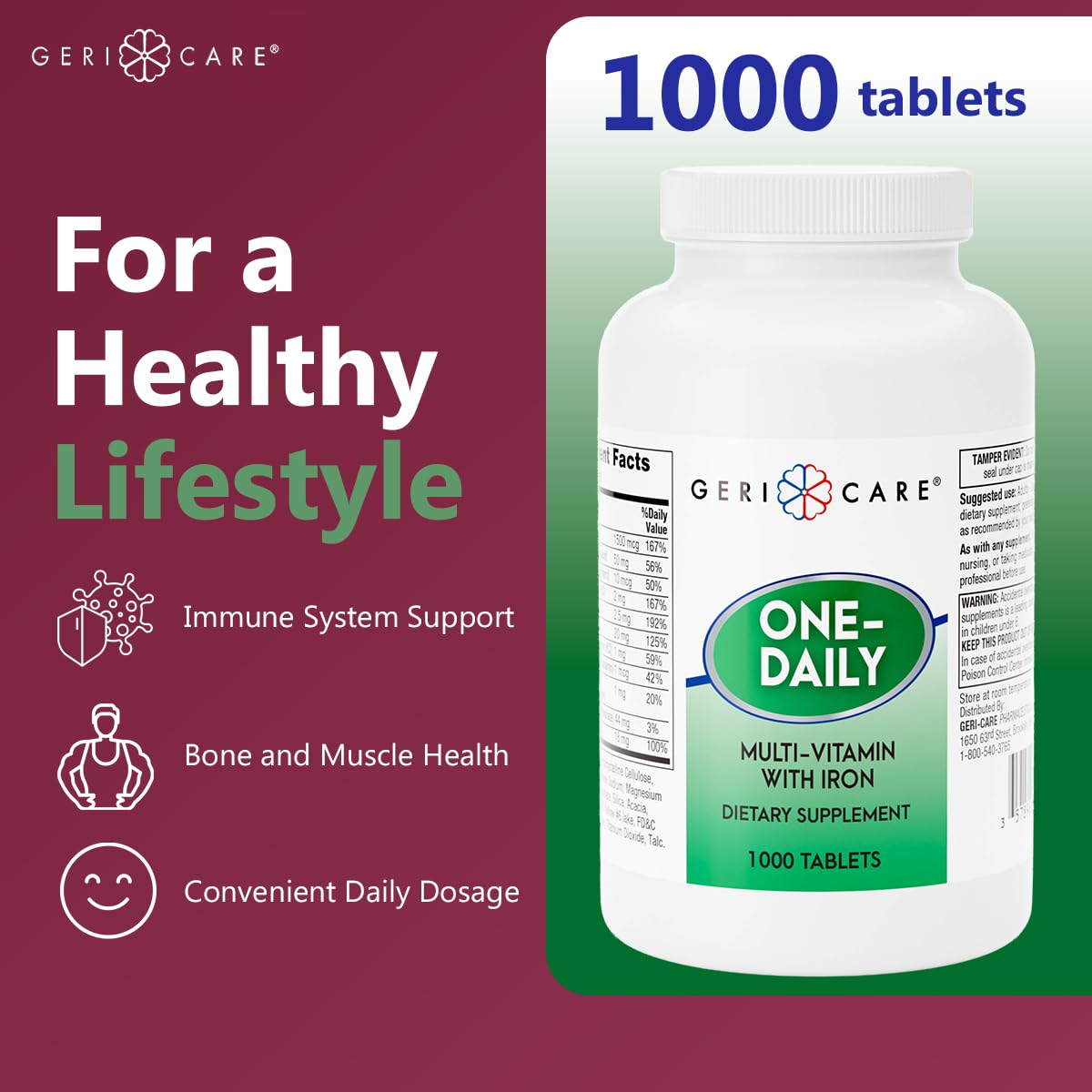 GeriCare One-Daily Multi-Vitamin with Iron Tablet, 1000 Count