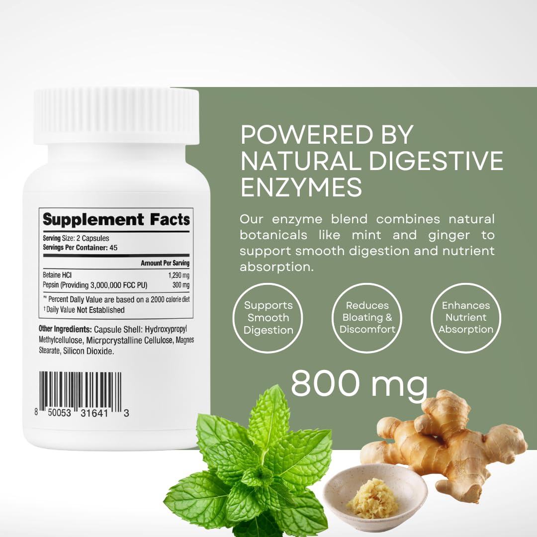 Xrim Betaine HCl + Pepsin Digestive Enzyme Supplement - Advanced Stomach Acid Support for Protein Breakdown & Nutrient Absorption 90 Capsules