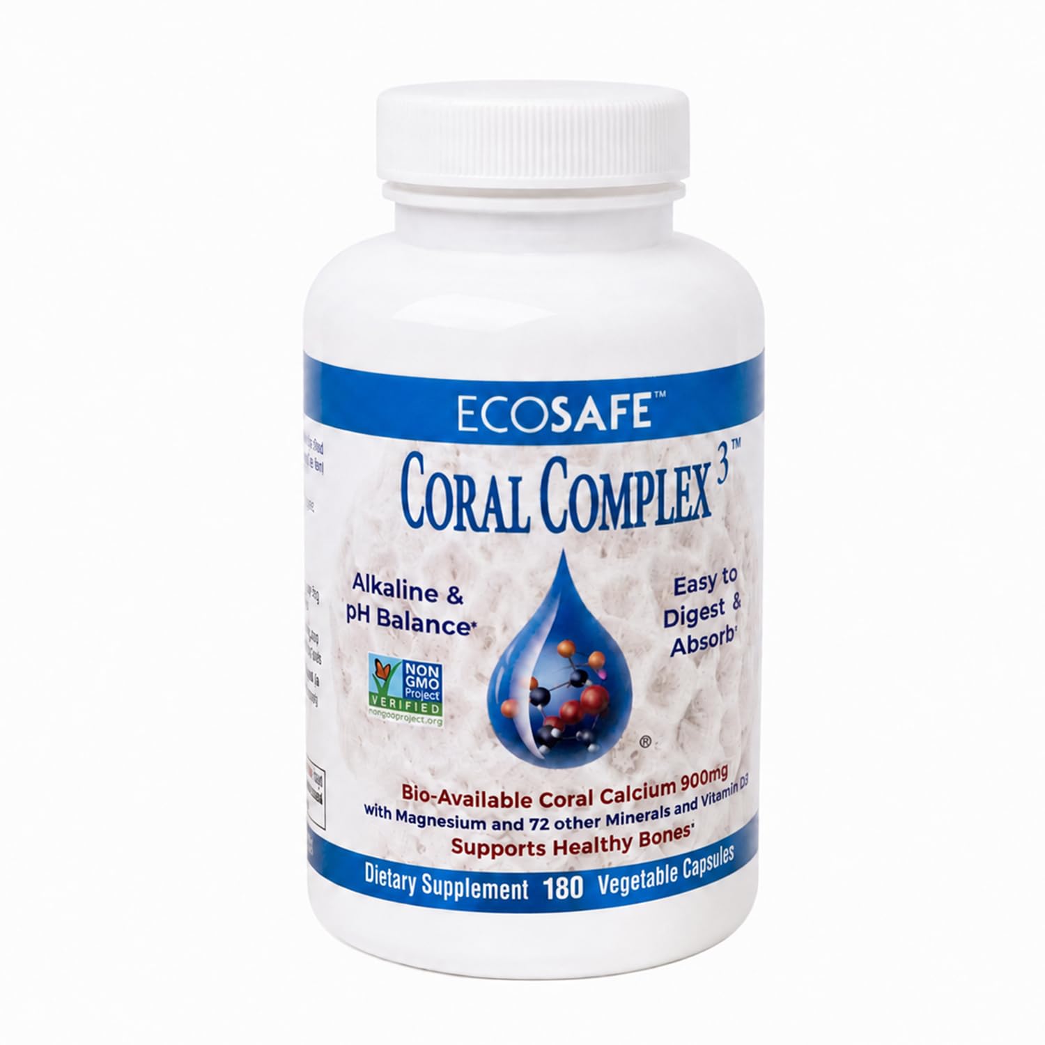 Coral White Coral Complex 3 Calcium Supplement Vitamin D3 & Magnesium 900 mg Bioavailable Coral Calcium for Bone Strength, Joint Support & pH Balance, Trace Minerals, Non-GMO, 180 Capsules