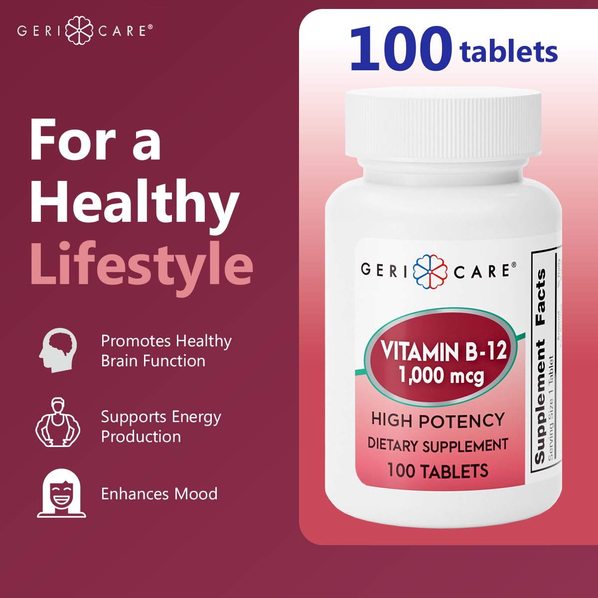 GeriCare Vitamin B-12 1000mcg High Potency Tablets, 100 Count