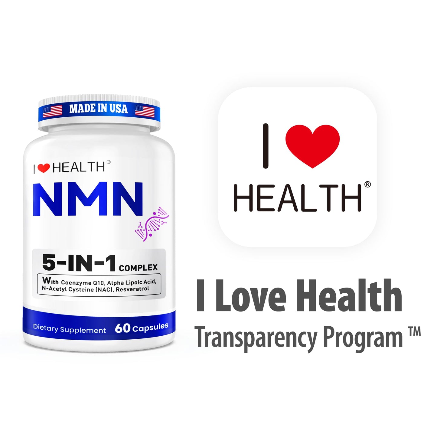 I LOVE HEALTH NMN Supplement 5-in-1 Complex with NAC, Alpha Lipoic Acid, CoQ10 & Resveratrol - High Absorption Anti Aging Formula, Capsules, 60 Count