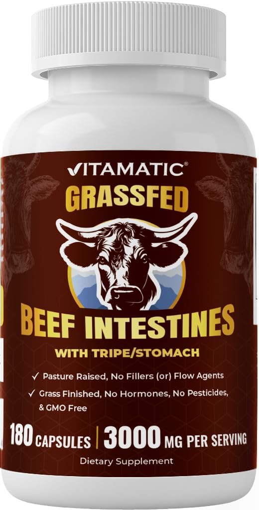 Vitamatic Grass-Fed Beef Intestines + Tripe/Stomach Bovine Liver Supplement Capsules, 180 Count