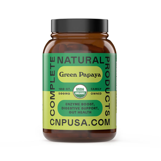 Complete Natural Products Organic Green Papaya Capsules 500mg - Unripe Papaya Powder with Papain Enzyme, 100 Count