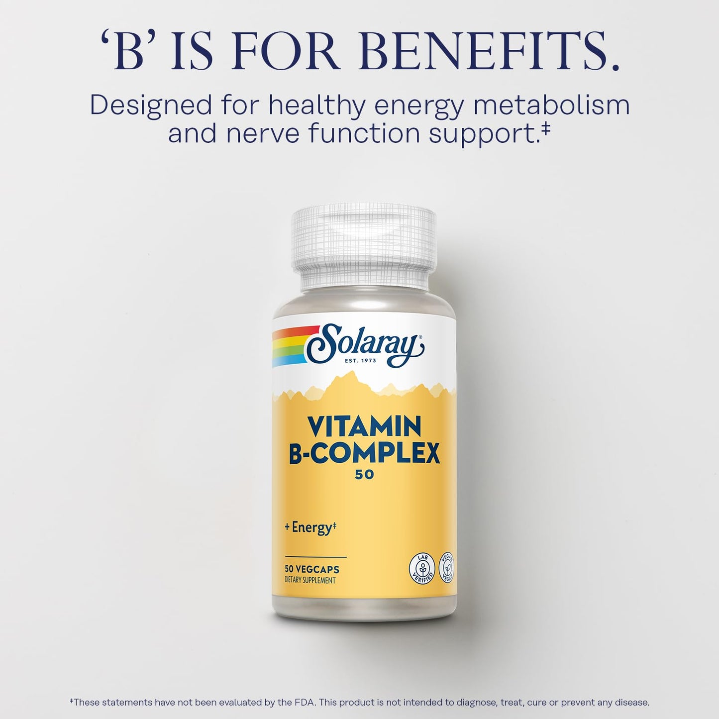 SOLARAY Vitamin B Complex 50 mg - Cellular Energy Vitamins - Metabolism and Nerve Health Support with Vitamin B12, Vitamin B1, B6, Niacin, Folic Acid, Biotin and Other B Vitamins - Vegan Capsules, 50 Count