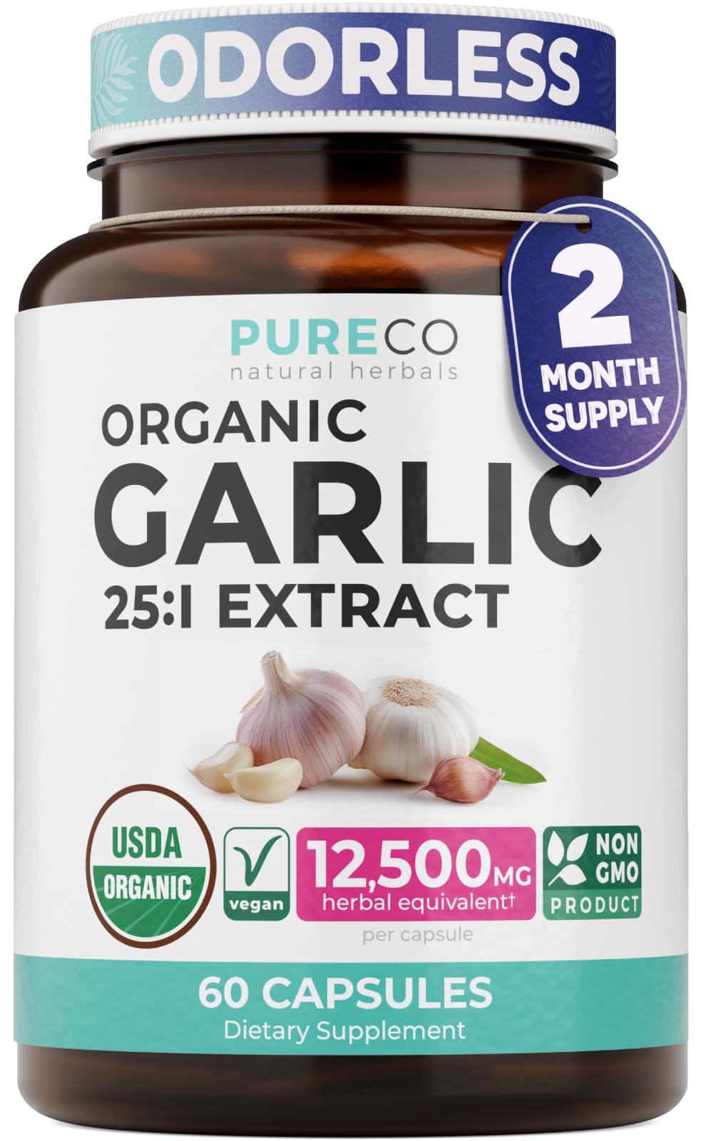 PURE CO USDA Organic Garlic Supplement High Potency 25:1 Garlic Extract with 12,500mg Herbal Equivalent Strength for Immune & Heart Support Odorless Vegan & Non-GMO Capsules, 60 Count