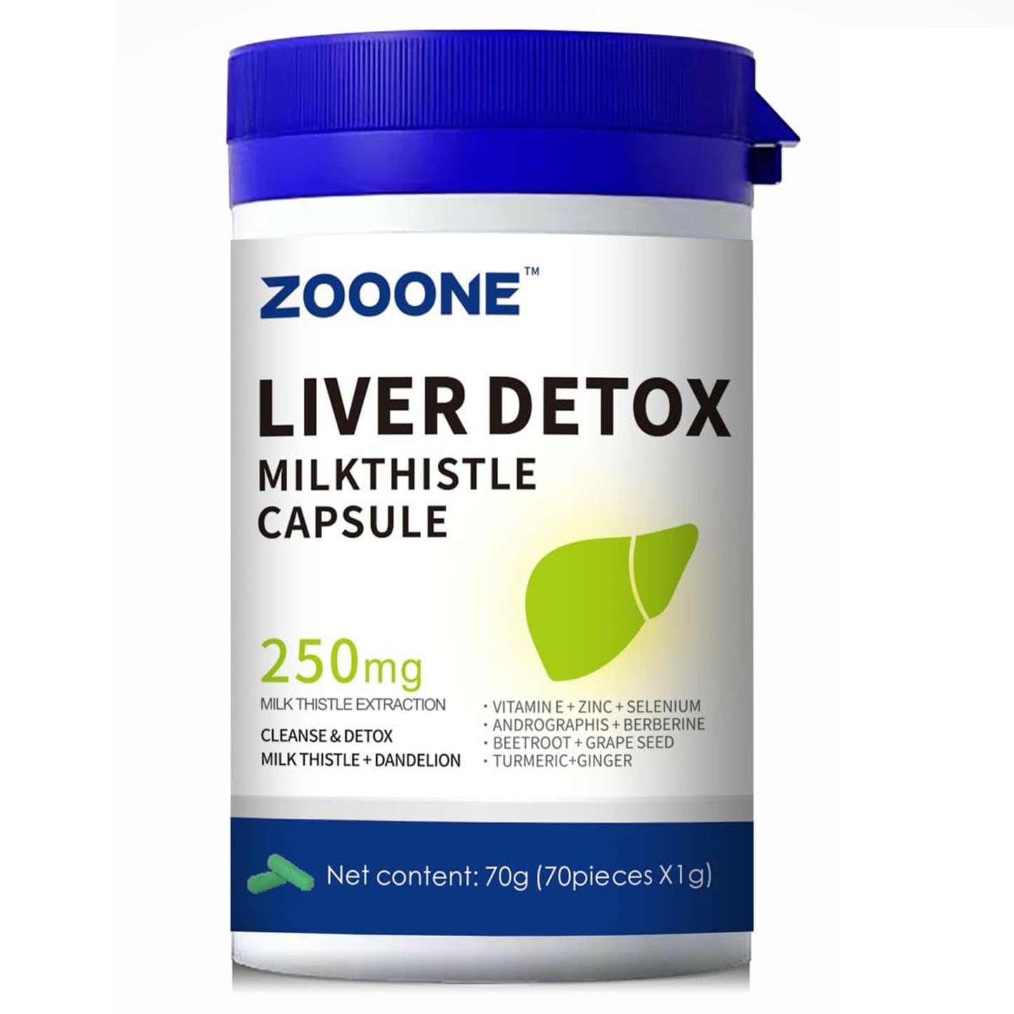 Zooone Liver Cleanse Detox & Repair with Milk Thistle, Dandelion Root, Turmeric & Ginger Capsules - 70 Count