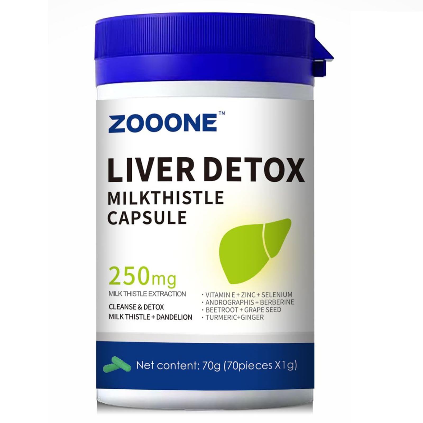 Zooone Liver Cleanse Detox & Repair with Milk Thistle, Dandelion Root, Turmeric & Ginger Capsules - 70 Count