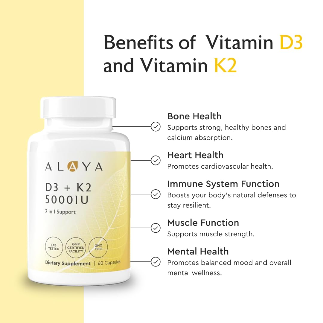 Alaya Naturals Vitamin D3 K2 5000IU with MK-7 for Bone & Immune Support, 60 Capsules