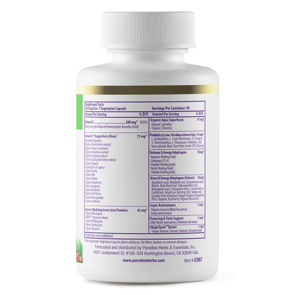Paradise Herbs Earth's Blend Vitamin C with Nature's C and Adaptogens, Probiotics & Organic Alkalizing Greens Capsules, 180 Capsules