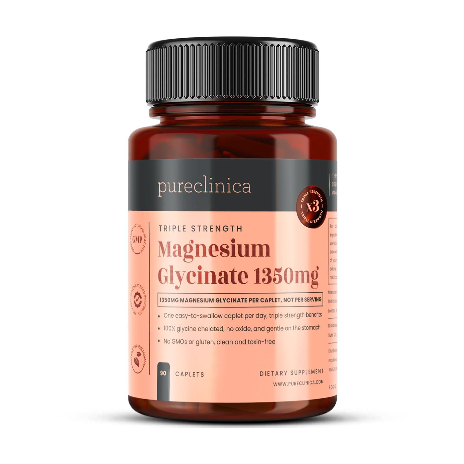 PureClinica Triple Strength Magnesium Glycinate 1350mg Caplets, 90 Count