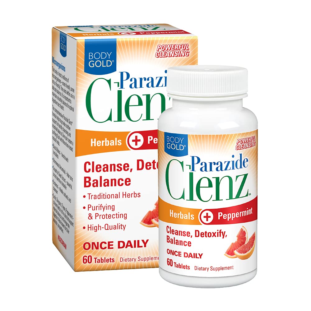 Body Gold Parazide Clenz Herbals & Peppermint Intestinal Cleanse & Detox with Black Walnut & More, 60 Tablets