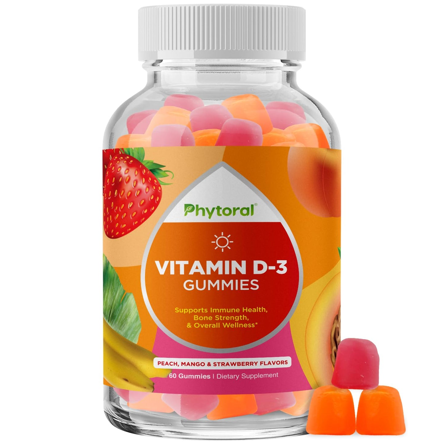 Phytoral Vitamin D3 Gummies 2000IU Per Serving Gluten and Gelatin Free Non-GMO, 60 Gummies
