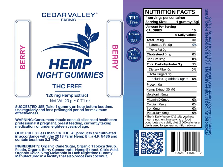 Cedar Valley Farms Hemp Gummies Nighttime 30mg Each, 4 Count