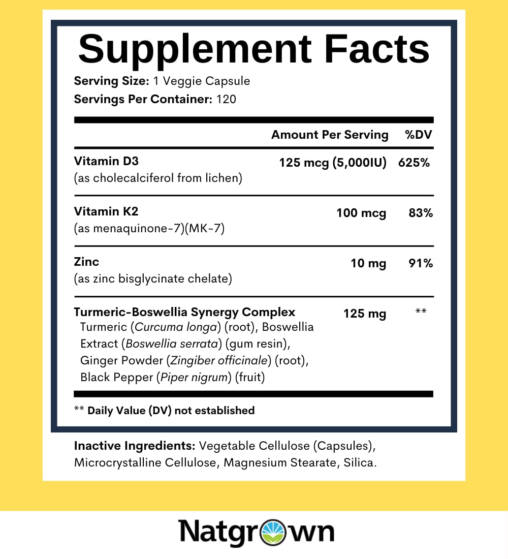 Natgrown Vitamin D3 K2 with Zinc - D3 5000 IU & K2 MK7 100 mcg Capsule, 120 Count